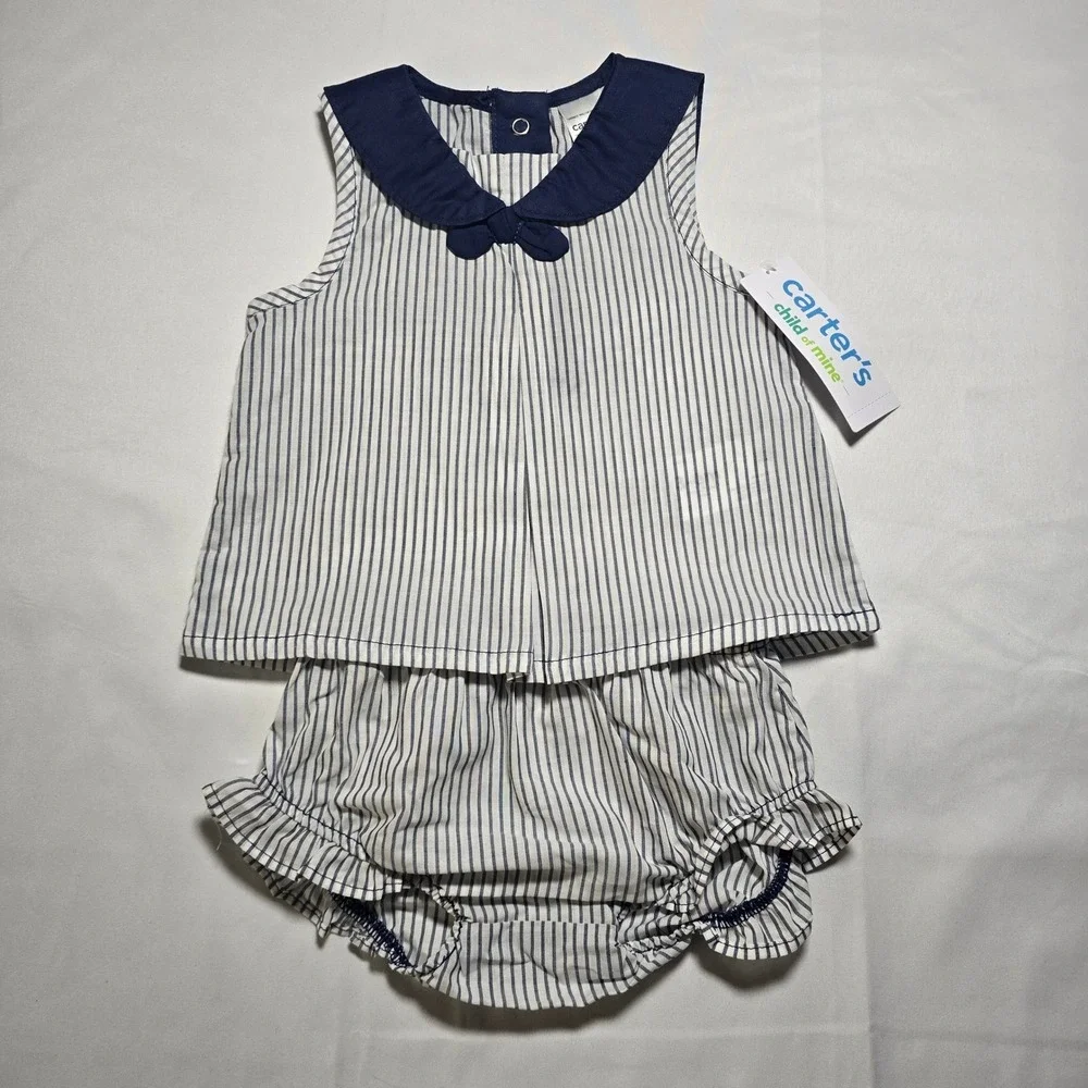 Carters Baby Girls 3 Piece Set Top Navy Sailor Shoes Blue Stripe 3-6M NWT